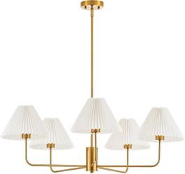 37” Adjustable Brass Modern Contemporary Chandelier 5-Light with Off Fabric Shade - Retail $110