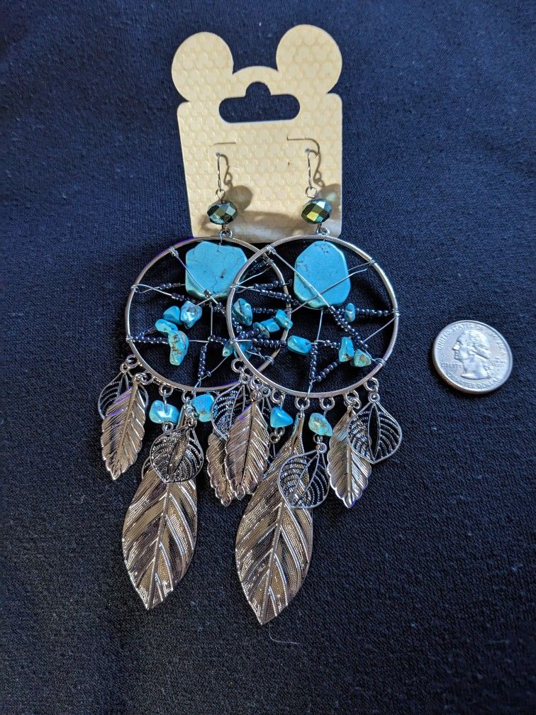 Pair Of Turquoise And Silver Tone Earrings 