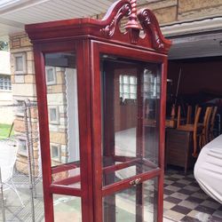 Ornate Cherry Lighted Glass Shelf Cabinet 