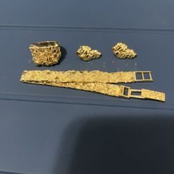 14k Gold Nugget Bracelet And Ring Set with Earrings For Men 