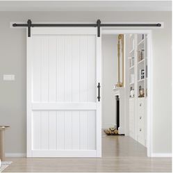 EaseLife 48in x 84in White Barn Door with 8 FT Sliding Door Hardware Track Kit Included,Solid MDF Wood Slab Covered with Water-Proof & Scratch-Resista