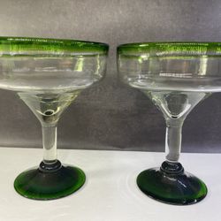 Set of (3) Mexican hand blown margarita glasses. 