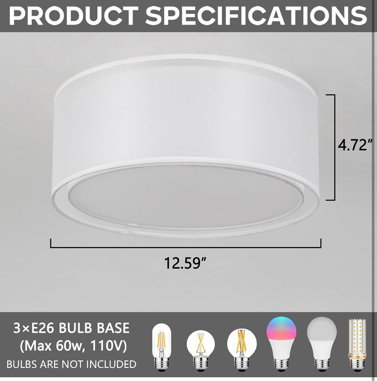 3-Light Double Fabric Drum Ceiling Light Fixture, 12.59 Inches