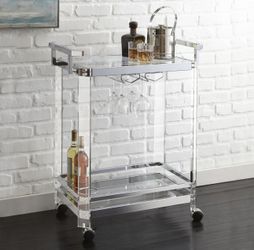 Modern 2-Tier Silver Metal Glass Clear Rolling Kitchen Bar Cart With Wheels | Shelves | 2 Tier | Storage