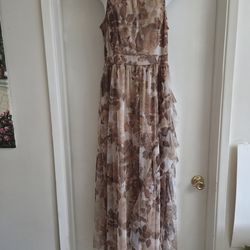 Candalite Floral Long Light Brown Dress. Candalite maxi dress with Ruffle Accent
