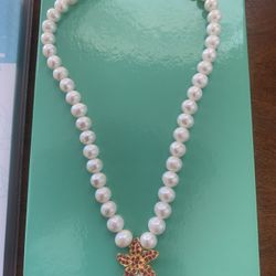Freshwater Pearl Necklace with Ruby.  14 Kt Gold Over Sterling Silver Chain