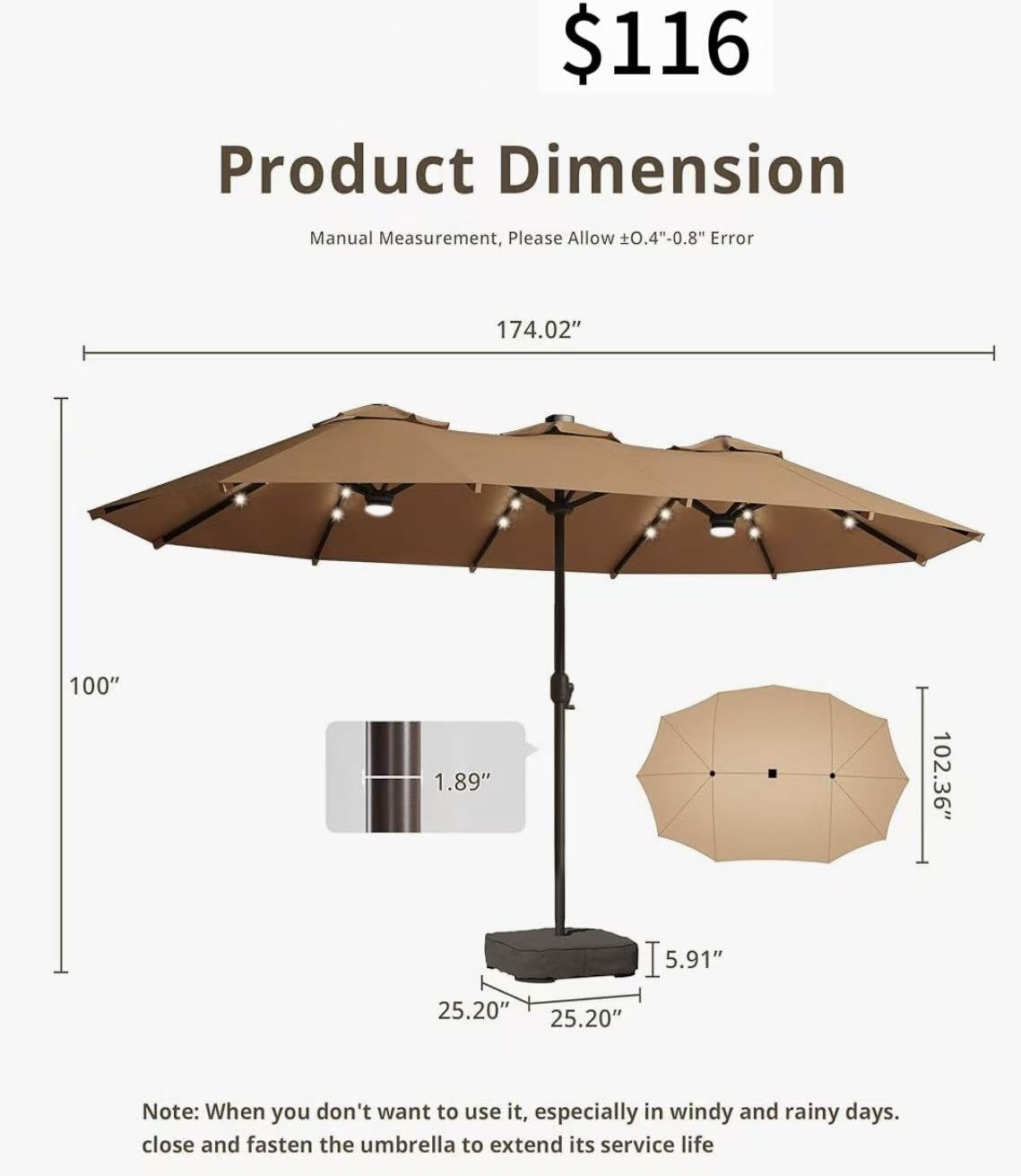 😀 Yaheetech 15 ft Large Patio Umbrella with Solar Lights Double-Sided Outdoor Rectangle Market Umbrellas with 36 LED Lights/Base Included/Crank