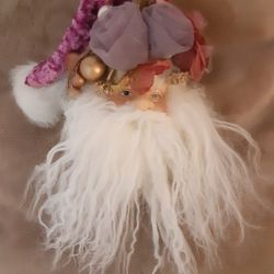 Victorian Santa Head Ornamaent. Crushed Velvet Hat. 