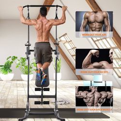 Power Tower with Bench, Pull Up Bar Dip Station, Power Tower Dip Station, Training Workout Equipment, Height Adjustable Pull Up Tower w/Folding Bench 
