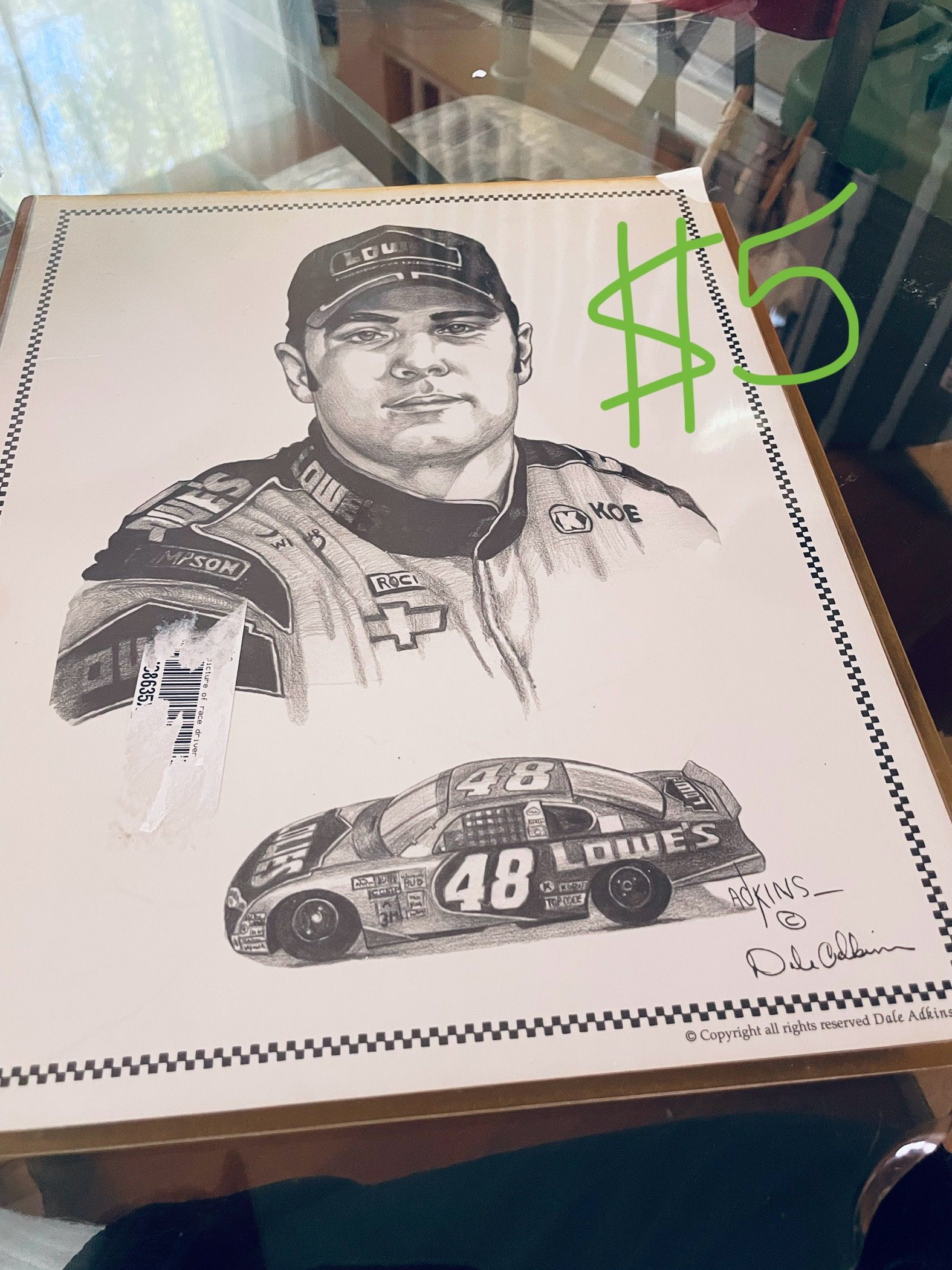 Vintage Jimmie Johnson Pencil Sketch By Dale Adkins