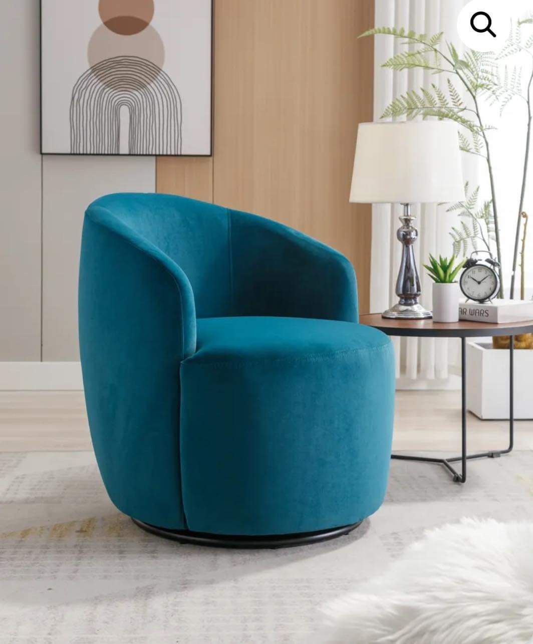 Velvet Fabric Swivel Accent Armchair Barrel Chair with Black Powder Coating Metal Ring, Teal, D19