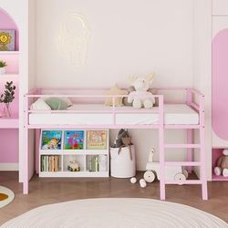 Metal Loft Bed with Stairs and Guardrail