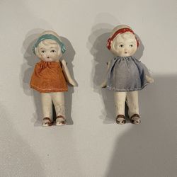 2 Vintage 1930s Japanese Jointed Bisqu dolls- Hand painted face and w/ dresses