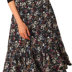 Allegra K Women's Black Floral Printed Tiered Midi Skirt