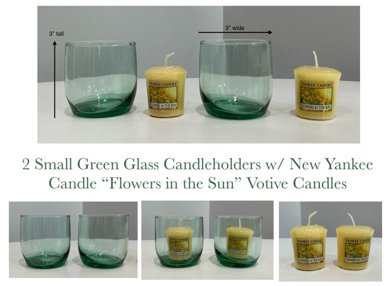 2 Small Green Glass Candleholders w/ New Yankee Candle “Flowers in the Sun” Votive Candles