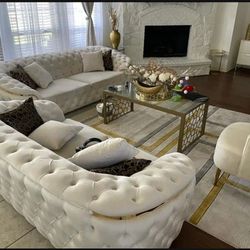 Lupino Ivory Velvet Living Room Set,  Sofa And Loveseat,  Fast Delivery 