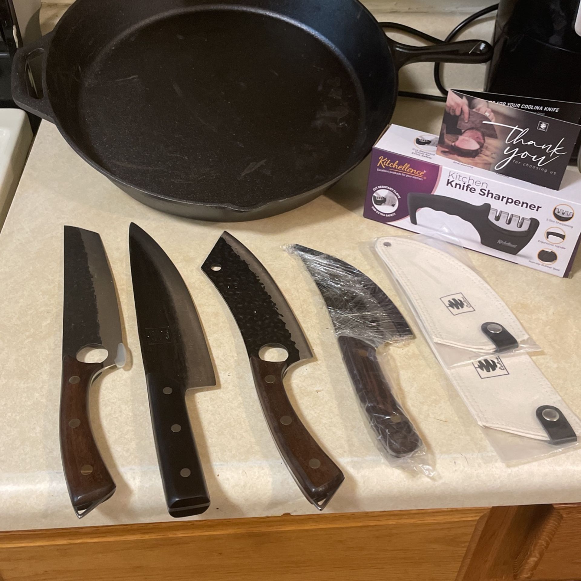 Knifes And Knife Sharpener And Cast Iron Skillet
