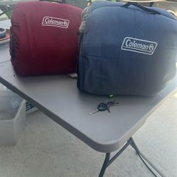 Vtg Coleman Sleeping Bag Dark Blue And Red With Plaid Cloth Bag 28" × 72"