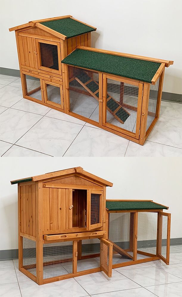 New $110 Wood Rabbit Hutch Pet Cage w/ Run Asphalt Roof Bunny Small Animal House 55”x20”x34”
