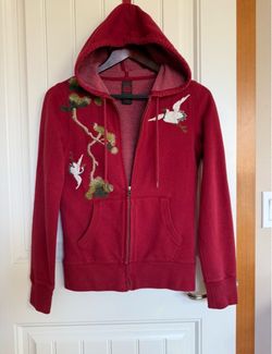 Lucky 🍀 brand cranberry Zip-Up Hoodie with Crane Embroidery