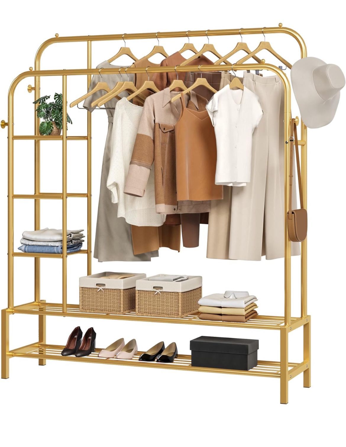 Double Gold Clothing Rack With Shelves And Shoe Storage 