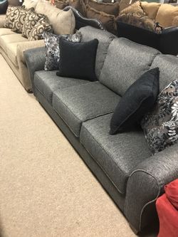 New Grey Couch with Pillows! Amazing deals on couch and loveseat; sectional specials now available!