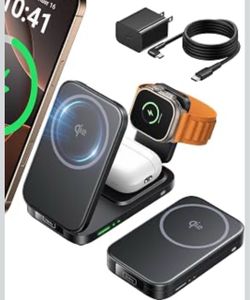 INIU 3 in 1 Foldable Wireless Charging Station, 15W Fast Mag-Safe Charger Original Qi2 Certified, Ideal for Travel, Magnetic, Office Desk Accessories 