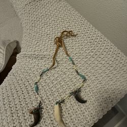 Native American choker necklace, genuine alligator tooth, lynx bone and coyote claw, turquoise, tied with tendons