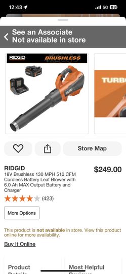 RIDGID 18V Brushless 130 MPH 510 CFM Cordless Battery Leaf Blower with 6.0 Ah MAX Output Battery and Charger