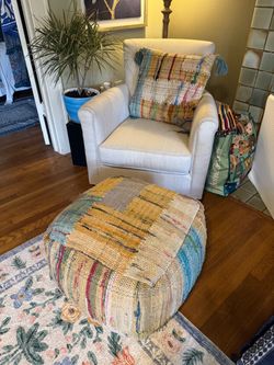 Super Cute colorful woven pouf ottoman featuring a textured, multicolored patchwork pattern & matching pillow !!!!!