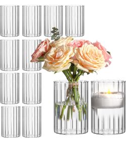 New Glass Cylinder Vases Pack of 12, Clear Ribbed Bud Vases for Centerpieces Weeding Decoration, 6 inch Tall Clear Flower Vases in Bulk, Hurricane Can