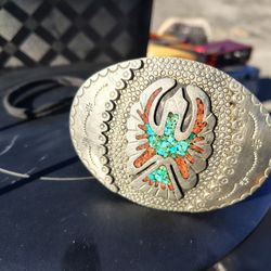 Vintage Juan Singer JS NAVAJO Thunderbird Peyote Bird Waterbird Belt Buckle in Silver
