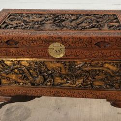 Antique Hand Carved Asian Wooden Chest