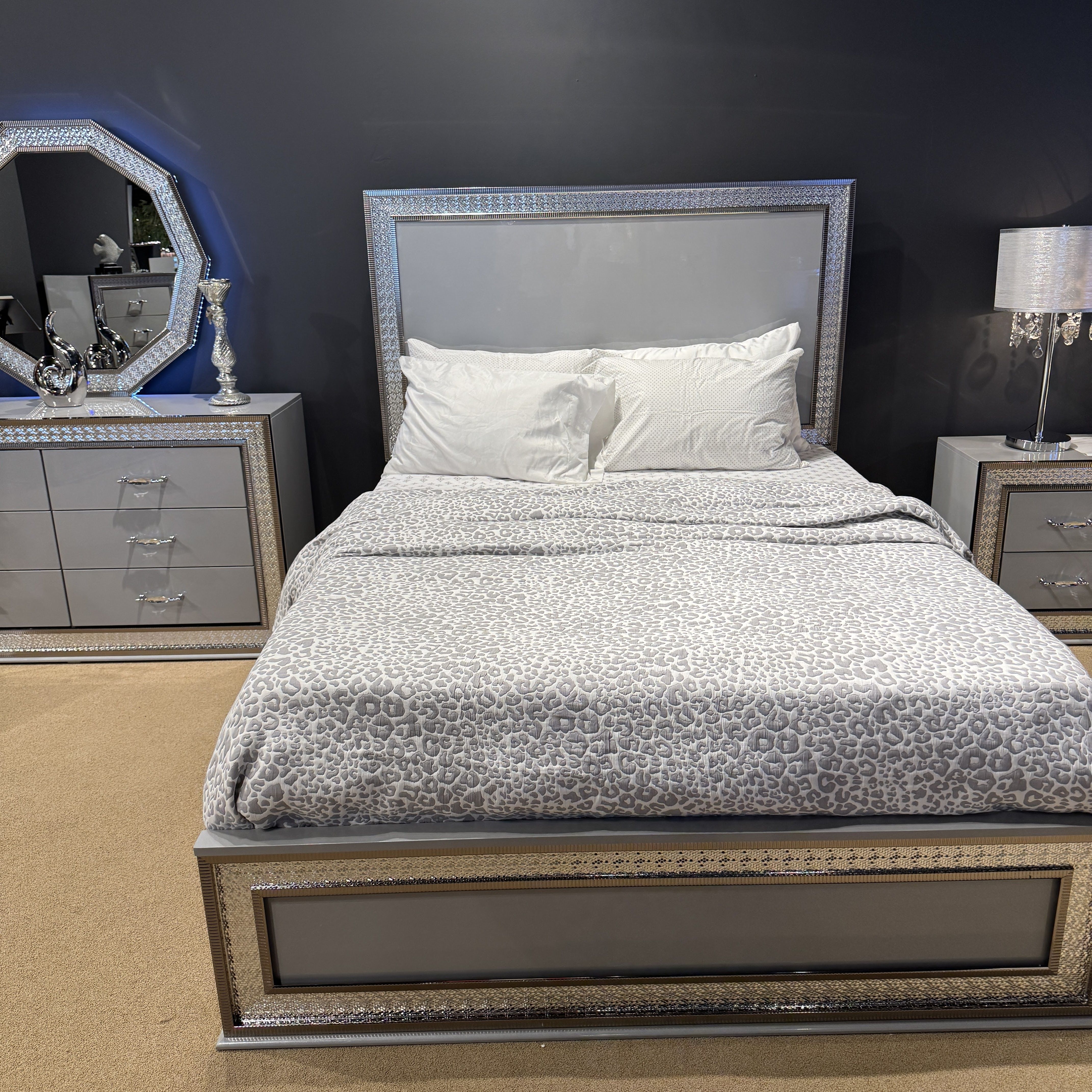 Metallic Gray Glam Queen Bed