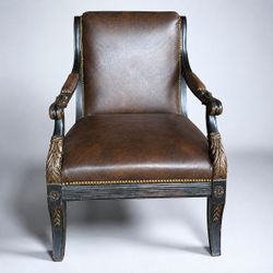 Vintage Empire-Style Leather Armchair with Carved Detailing