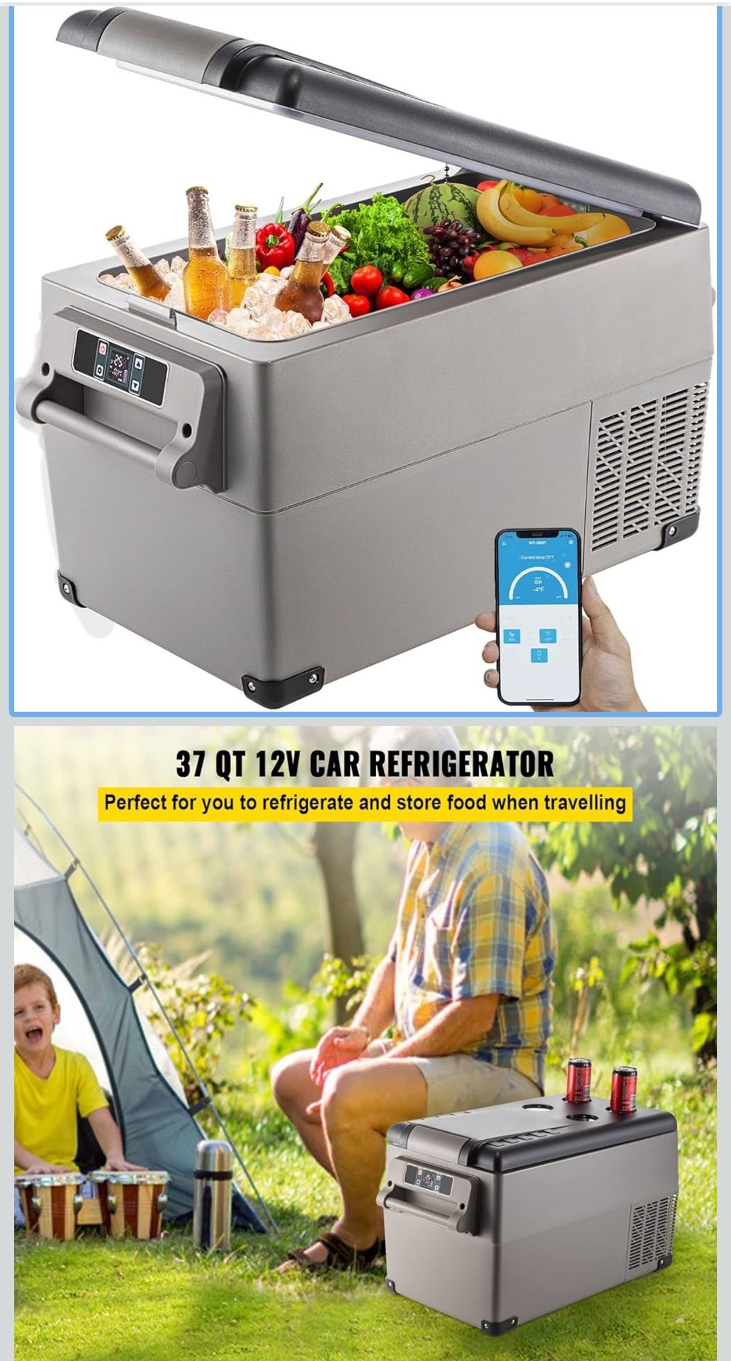 VEVOR CF35 Portable 37 Quart(35 Liter) 12 Volt App Control(-4℉~68℉), Car Refrigerator Dual Zone with 12/24v DC & 110-240v AC for Camping, Travel, Fish