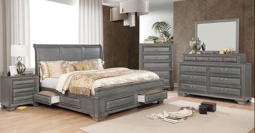 Brand New Grey 4pc Queen Bedroom Set (Available In California & Eastern King)