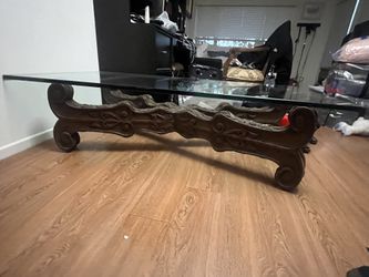 Vintage Glass Top Coffee Table With Ornate Wooden Base