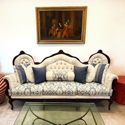 Chic Victorian-Style White Couch – Newly Revamped Upholstery & Luxe Accent Pillows