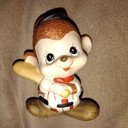 Small Vintage Handpainted Monkey in Baseball Outfit Holding Bat. Cute big eyed