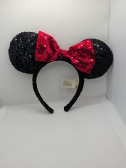 Disney Parks Minnie Mouse Ears Headband - Sequin Black Ears Red Bow