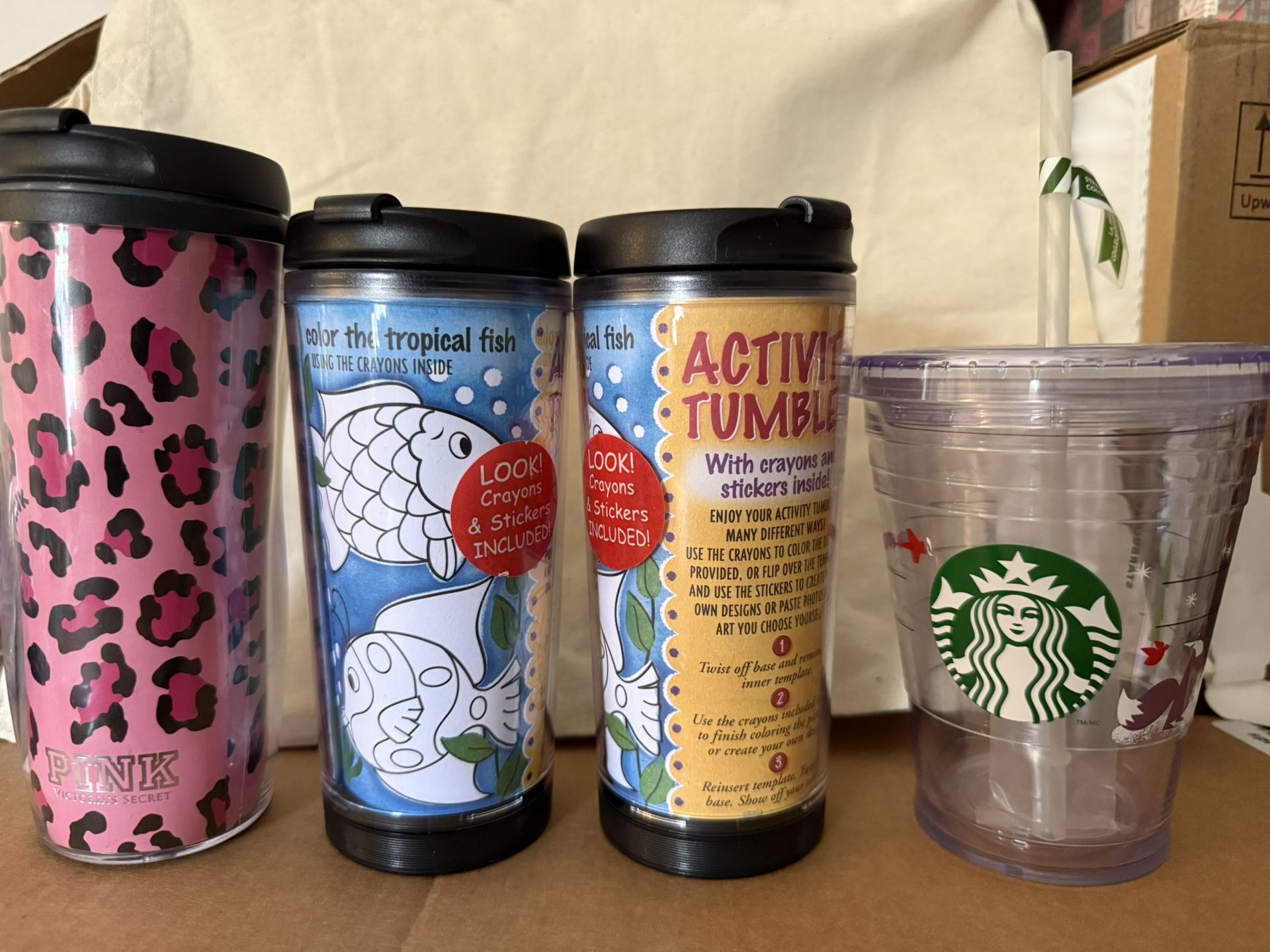 New VS Pink Cheetah Small Coffee Travel Tumbler 12oz Starbucks Kids Self Decorate Hot Drink 8oz Holiday Cold Cup Color Changing Straw Tall $10 Each