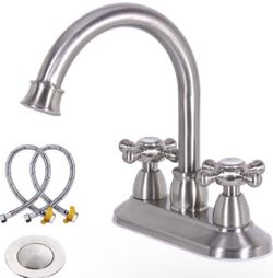 Brushed Nickel Bathroom Faucet with Drain Assembly and Supply Hose, 2-Handle 4 Inch Centerset Faucet for bathrooms,High Arc Swivel Spout Bathroom Sink