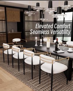 Mid-Century Modern Boucle Dining Chairs set of 6, Brushed Gold Armchairs with Black Metal Legs and Upholstered Cushion, Sherpa Accent Chairs for Livin