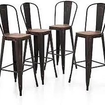 MAISON ARTS Metal Bar Stools Set of 4, 30" Seat Height Bar Stools with Removable High Backrest, Matte Black Brush Rusty Gold