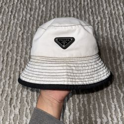 PRADA 1HC137 Triangle Logo Bucket Hat White With Silver Hardware