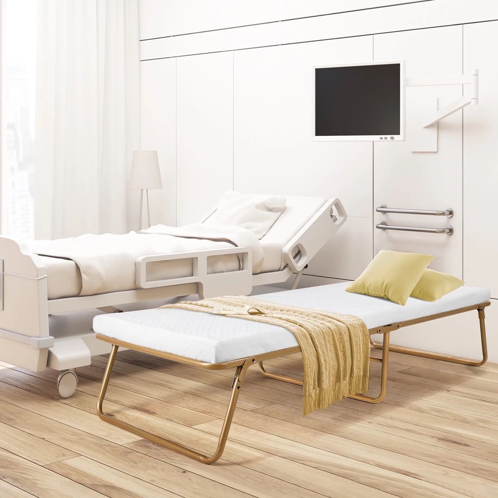 Folding Rollaway Bed with Memory Foam Mattress, Portable Metal Bed Frame for Adults,