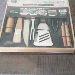 BBQ 11 PIECE TOOL SET PREMIUM OAK HANDLES/STAINLESS STEEL 