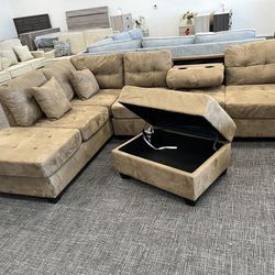 Brown Sofa Sections Set W/ottoman 