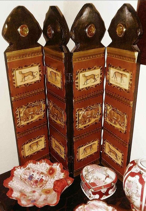 VINTAGE SAFARI WOODEN TIGER LION MINI ORIENTAL 4 PANEL FOLDING DIVIDER ACCENT TABLE DECOR COLLECTABLE
